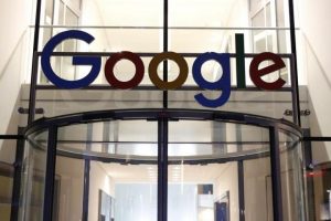 Google logo adorns entrance of Google Germany headquarters in Hamburg