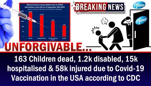 UNFORGIVABLE: At least 163 Children dead, 1.2k disabled, 15k hospitalised & 58k injured due to Covid-19 Vaccination