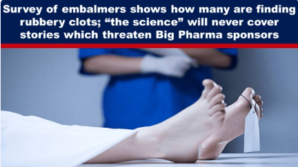 Survey of embalmers shows how many are finding rubbery clots; “the science” will never cover stories which threaten Big Pharma sponsors